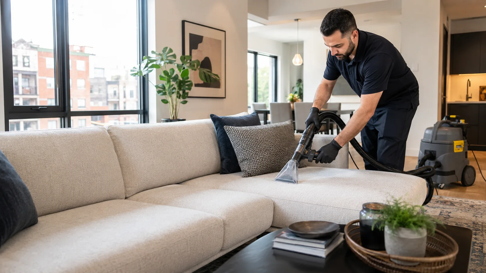 Professional sofa and upholstery cleaning in a Montreal living room