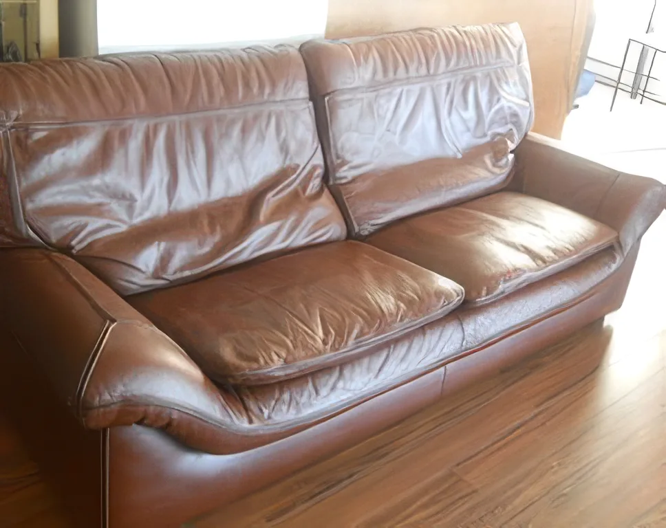 Leather sofa before repair — showing cracks, colour loss, and pet damage